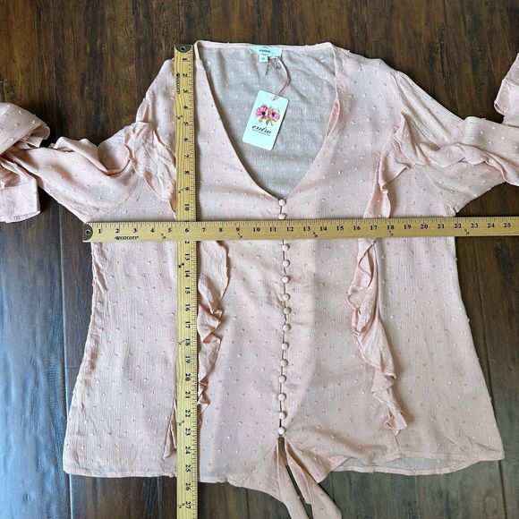 NWT ENTRO Ruffled Long Sleeve Tie Front V-Neck Blouse Top in Peach - Picture 9 of 9